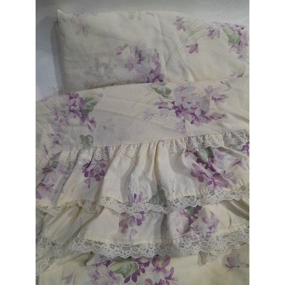 JC Penney Bedding Vintage Floral Lace Trim Sheets Lavender Cream Jc Penney King Flatfitted